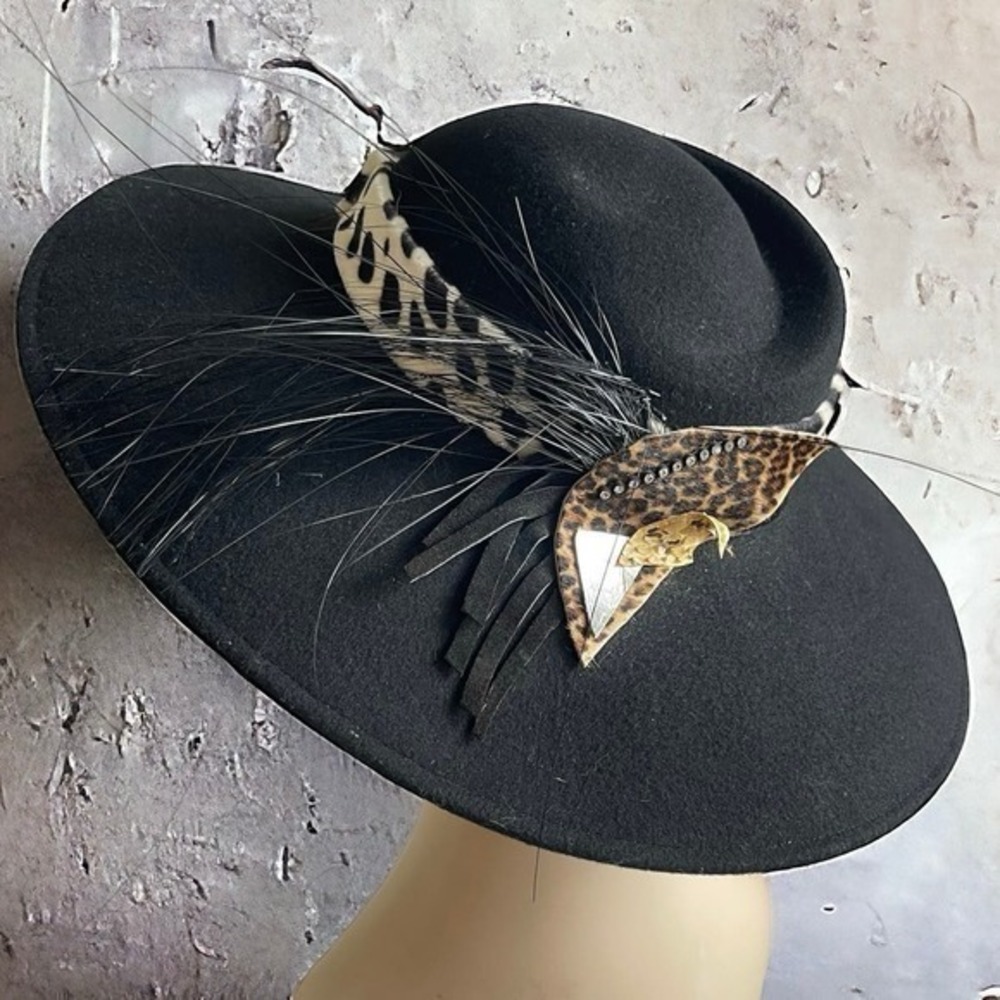 Vintage Large Brim Black Wool Hat by Lancaster for Sonni Zebra Print Band 80’s